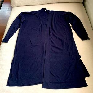 Long navy blue cardigan by Japanese brand Muji